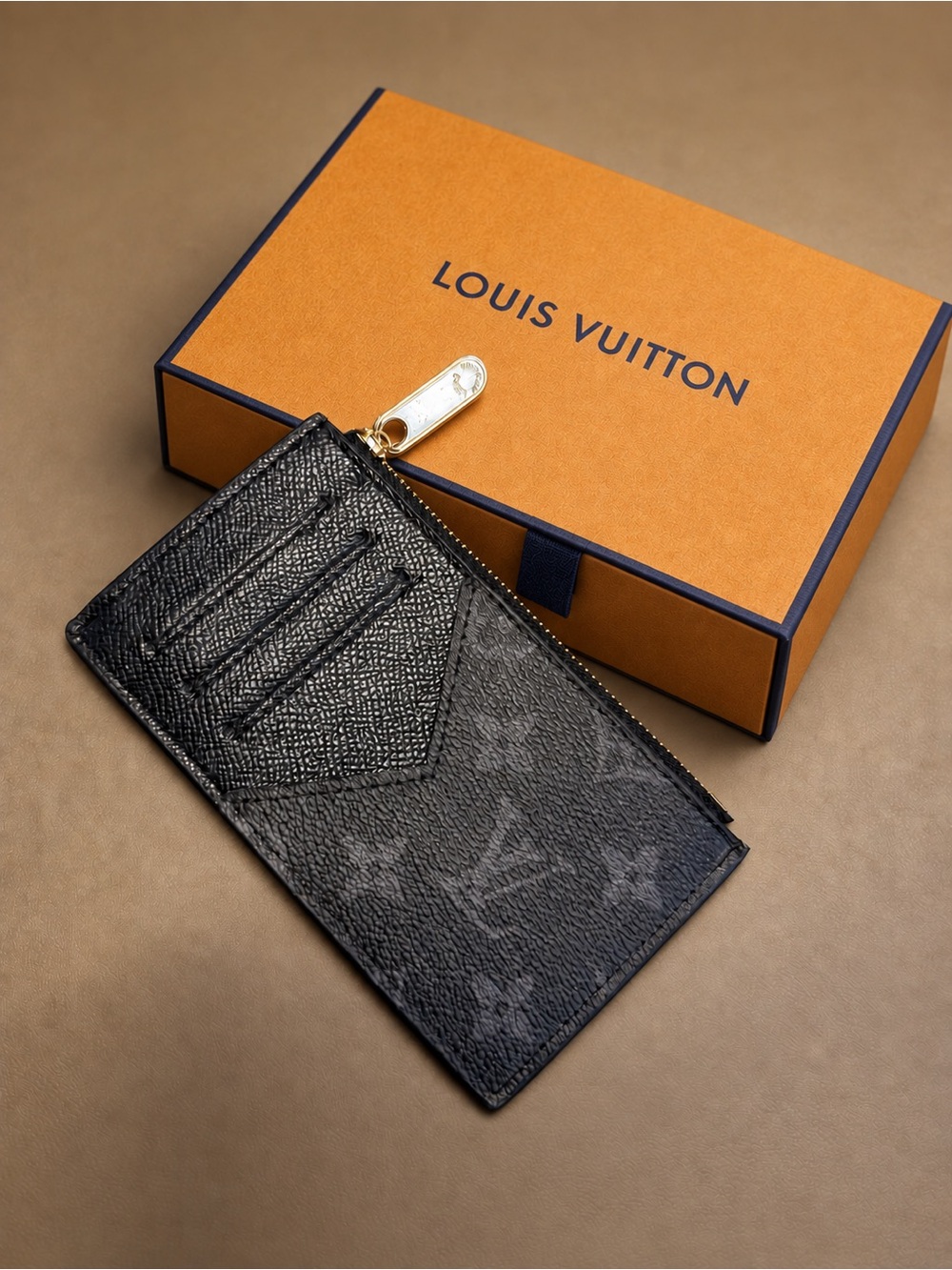 1.1Louis Vuitton Black Monogram Zipped Card Holder with Gold Hardware